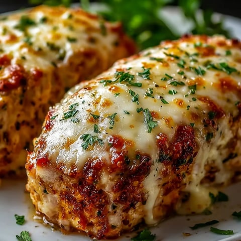Two pieces of chicken with cheese on a plate.