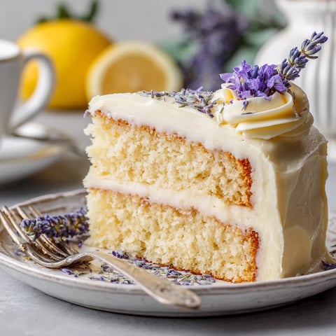 A slice of cake with lemon and lavender on a plate.