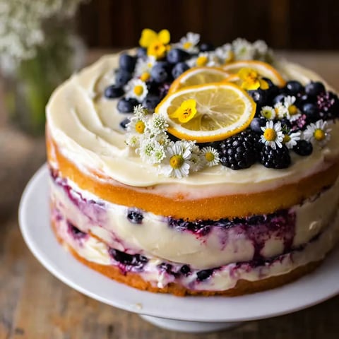A cake with blueberries and lemon slices on top.
