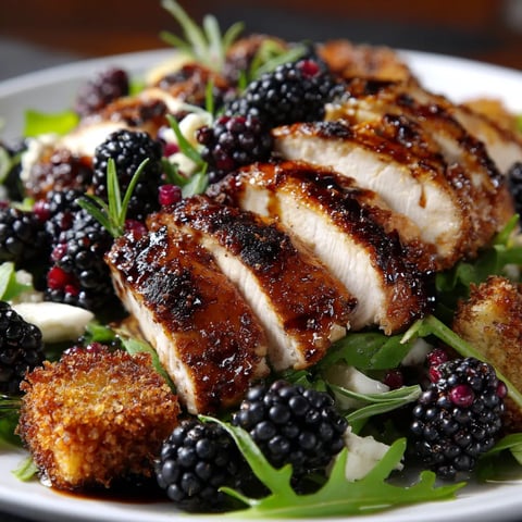 A plate of food with chicken and blackberries.