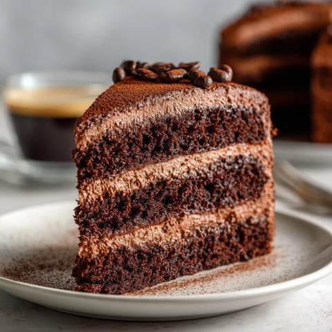 A slice of chocolate cake with a cup of coffee.