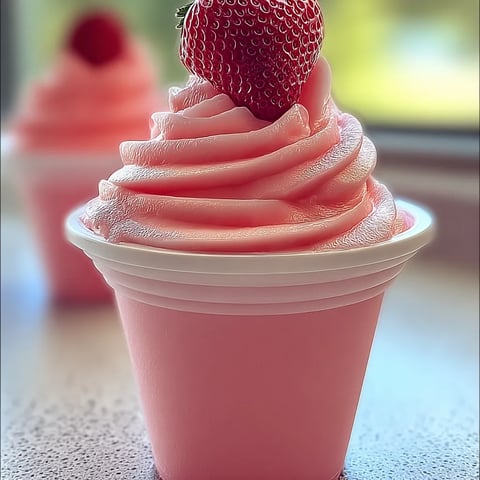 A pink strawberry dessert in a cup.