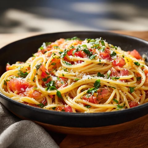 A bowl of pasta with tomatoes and basil.