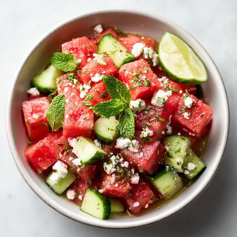 A bowl of watermelon with cucumbers and feta cheese.