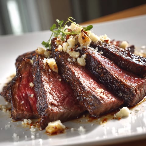 A plate of meat with herbs on top.