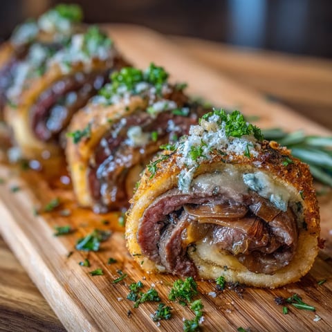 A plate of meat rolls with blue cheese on top.