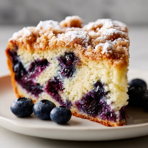 A slice of blueberry cake with powdered sugar on a plate.