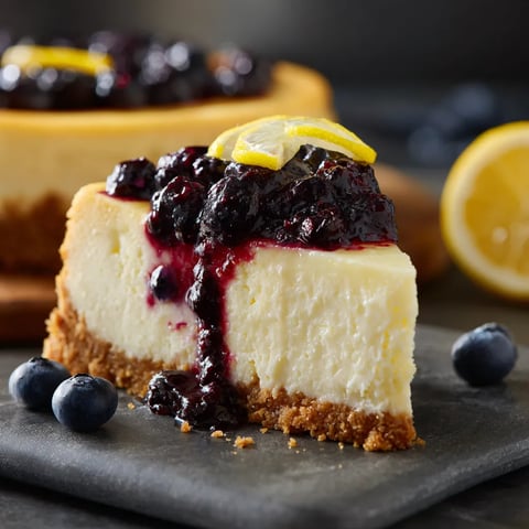 A slice of cheesecake with blueberries and lemon.