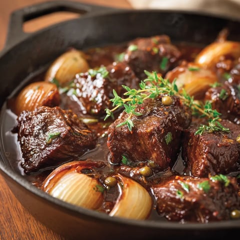 A pan of meat and onions.
