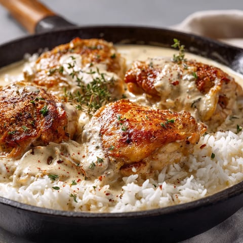 A pan of chicken with rice and sauce.
