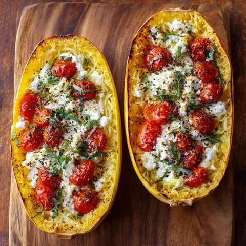 Two slices of a yellow squash with tomatoes and cheese.