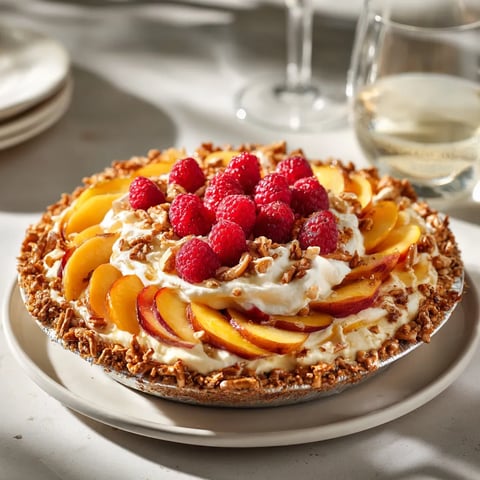 A pie with raspberries on top.