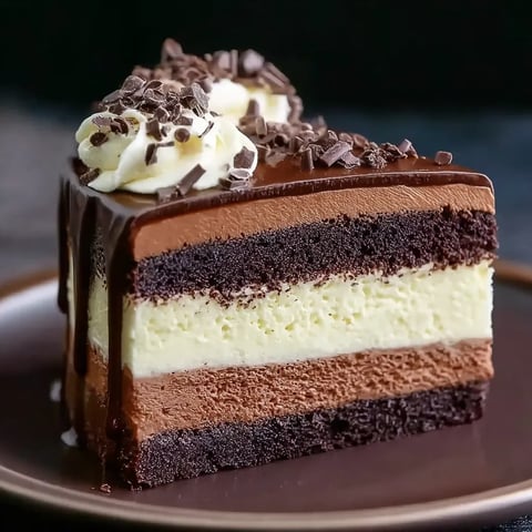 A slice of chocolate cake with white frosting.