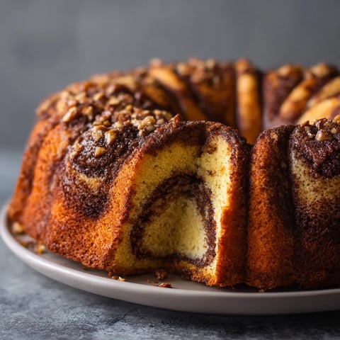 A cake with a swirl of brown and white frosting.