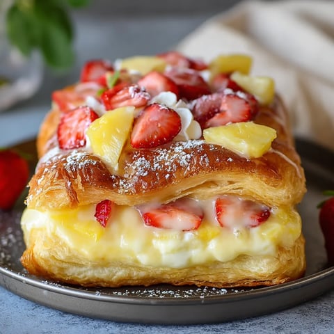 A pastry with strawberries and whipped cream.