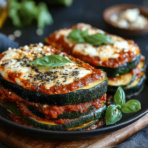 Two zucchini slices with cheese and basil.