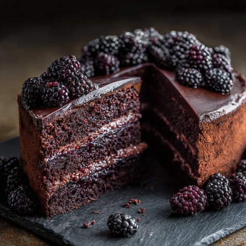 A slice of chocolate cake with blackberries on top.