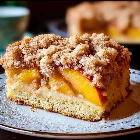 A slice of cake with peaches on top.