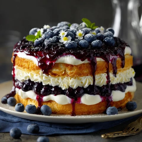 A cake with blueberries and whipped cream.