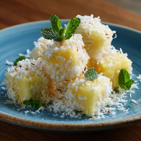 A plate of food with coconut on top.