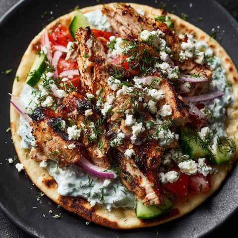 A plate of food with chicken, tomatoes, cucumbers, and blue cheese.