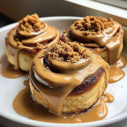 Three donuts with caramel sauce on a plate.