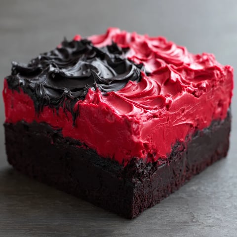 A piece of cake with red and black frosting.