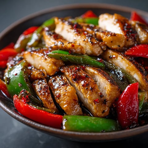 A bowl of food with peppers and chicken.