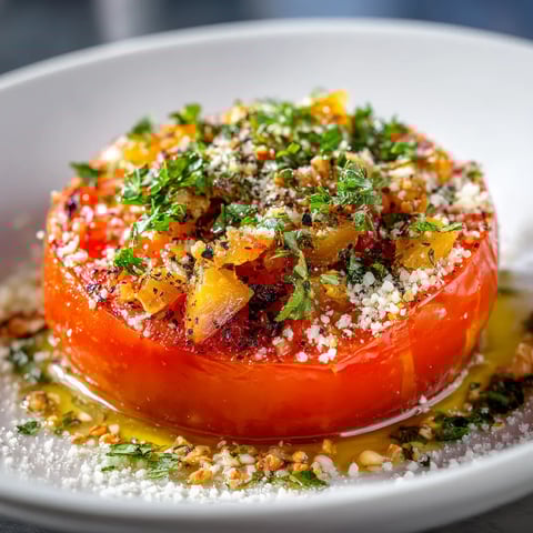 A plate of food with a tomato on top.
