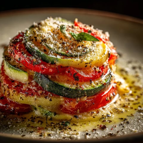 A plate of food with a zucchini and tomato on top.