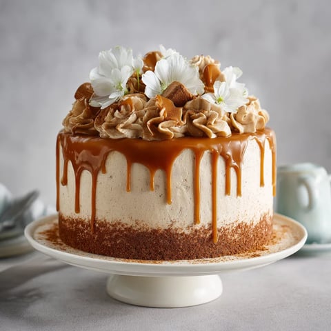 A cake with white flowers and caramel drizzle.