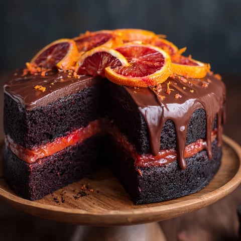 A slice of chocolate cake with orange slices on top.