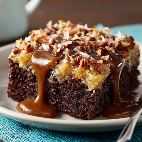 A slice of chocolate cake with caramel drizzle.