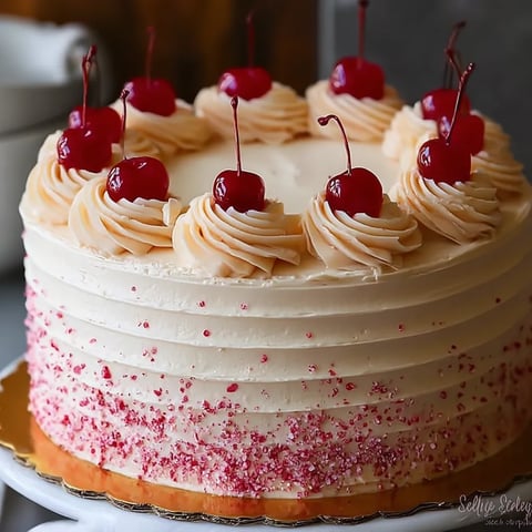 Cherry cake with white frosting.
