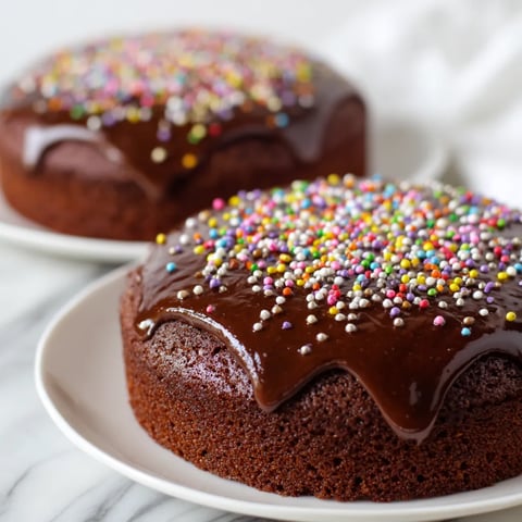Two chocolate cakes with sprinkles on a plate.