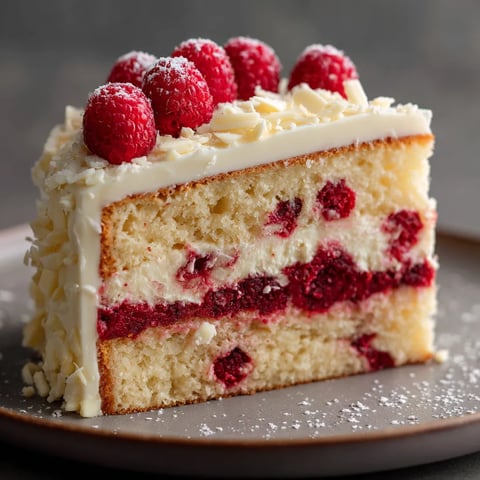 A slice of cake with white frosting and red raspberries.