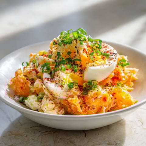 A bowl of food with eggs and vegetables.