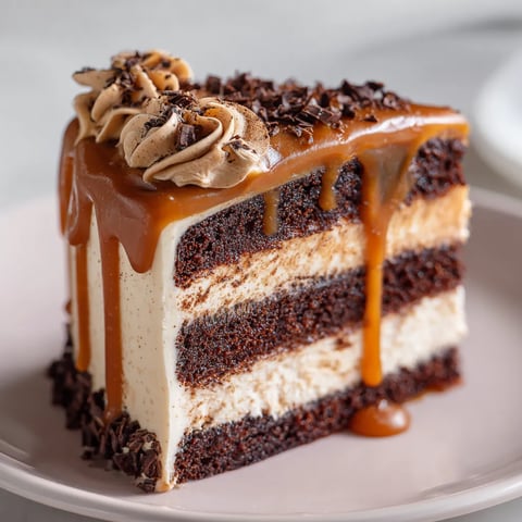A slice of chocolate cake with caramel drizzle.