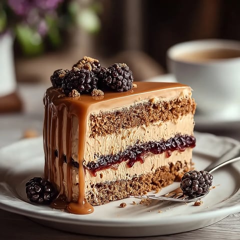 A slice of cake with berries on top.