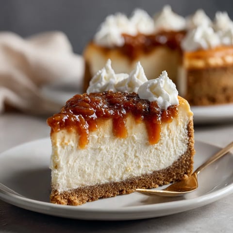 A slice of cheesecake with caramel drizzle on a plate.