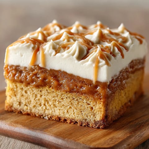 A slice of cake with caramel sauce on top.