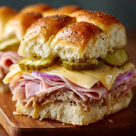 A sandwich with meat, cheese, and pickles.