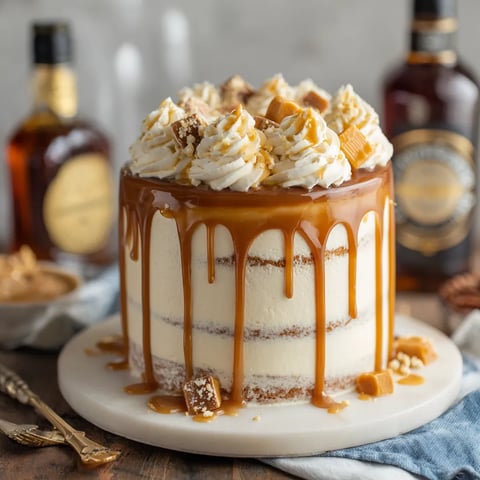 A cake with caramel drizzle on top.