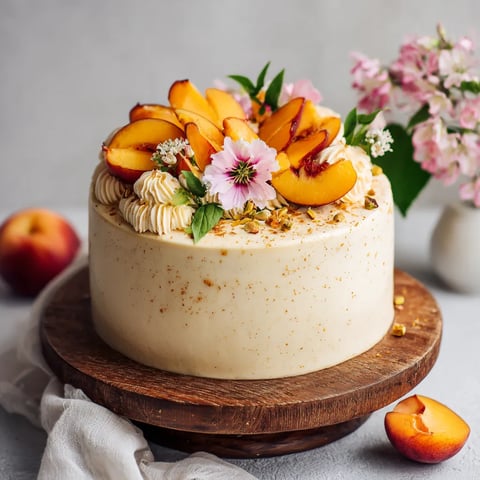 A cake with peaches and flowers on it.