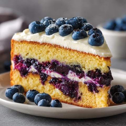 A slice of cake with blueberries on top.