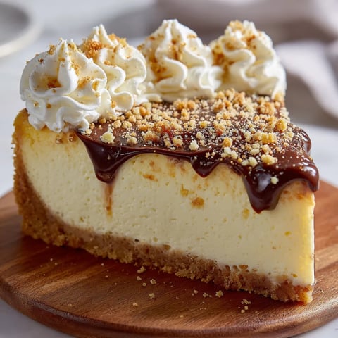 A slice of cheesecake with chocolate drizzle.