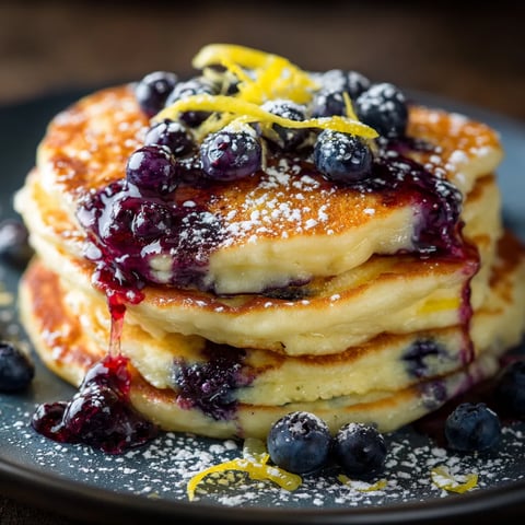 A stack of pancakes with blueberries and lemon.