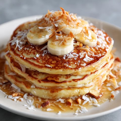 A stack of pancakes with bananas and coconut on top.