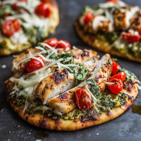 A pizza with chicken and tomatoes on a black table.