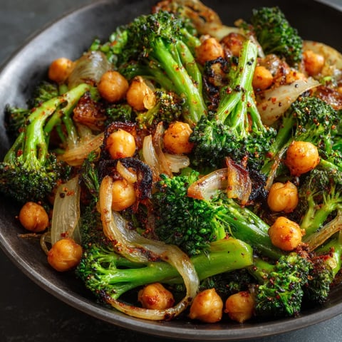 A bowl of food with broccoli and chickpeas.